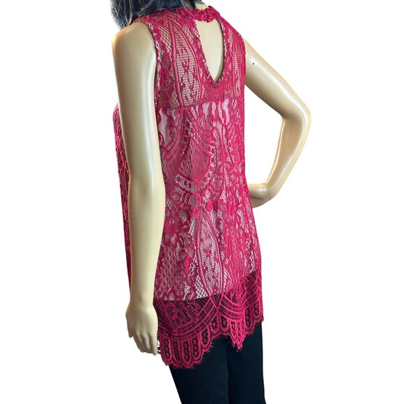 Love Fire Womens Sleeveless Lace Blouse Size L Red Sheer Romantic Boho - Picture 2 of 10